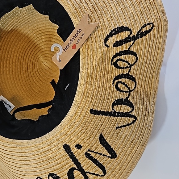 C.C Exclusive Fashionable Sunhat paper straw Good Vibes black embroidery design - Picture 15 of 17